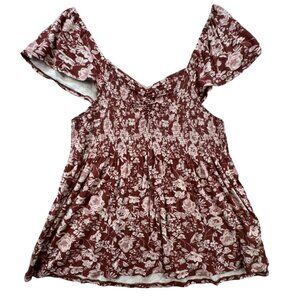 Mason & Belle Womens Smocked Babydoll Top XL Short Flutter Sleeves Burgundy & Cr